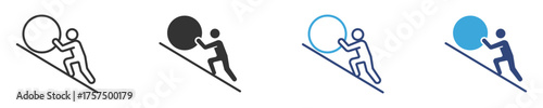 Person pushing a large rock uphill icon, Vector illustration . 