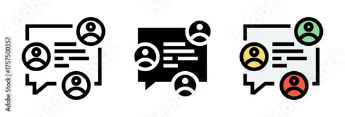 Conjunto de iconos de comunicación social. Interacción, red, comunidad y conversación grupal. Ilustración vectorial