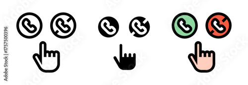 Conjunto de iconos de contestar y no contestar llamada. Comunicación, decisión, conexión, rechazo. Ilustración vectorial