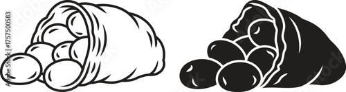 Two stylized illustrations of a sack overflowing with round fruit in black and white