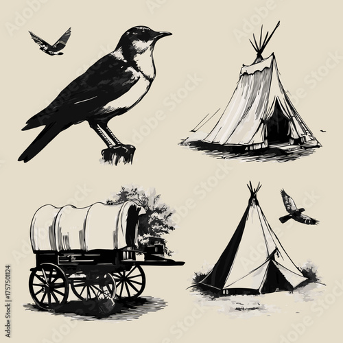 Hand drawn ink sketch set featuring vintage American frontier elements: flying birds, a perched bird, teepee tents, and a covered wagon.