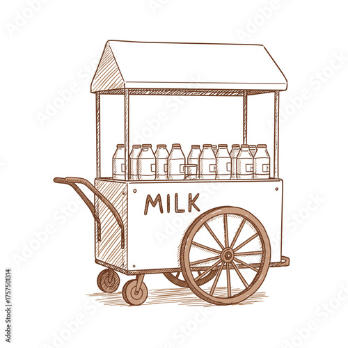 Vintage milk cart with glass bottles on wheels. Minimalistic doodle-style vector illustration in sepia or brown monochrome tones.
