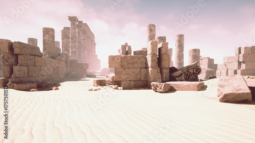 Foto Deserted ruins rise from golden sands, surrounded by broken columns and stone walls