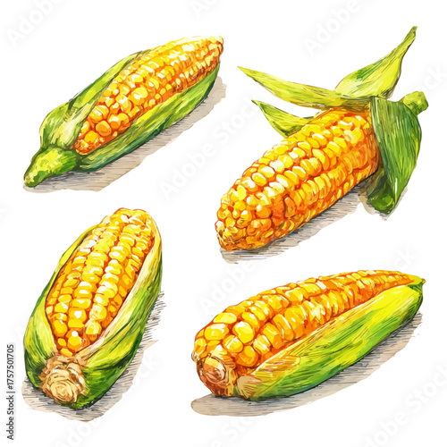 watercolor of Corn Cob Set, vector, isolated on a white background.