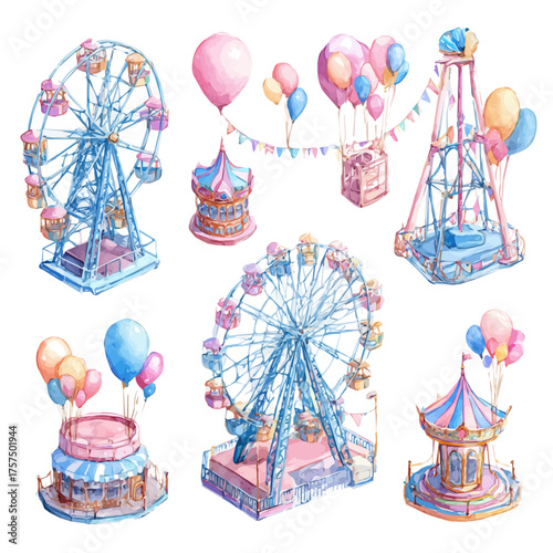 Amusement Park Ferris Wheel Set, watercolor illustration vector, isolated on a white background.