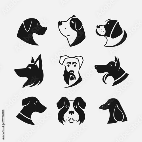 Diverse collection of dog head silhouettes and vector icons. Set of pet animal logos featuring various canine breeds for design and branding.