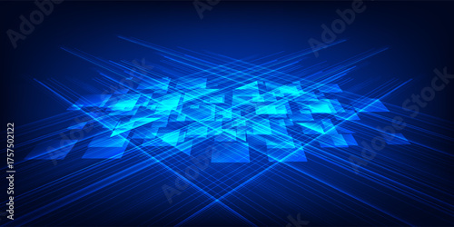 Blue abstract background with modern geometric design, intersecting lines, translucent triangular shapes, overlapping patterns, and glowing lines. Vector illustration