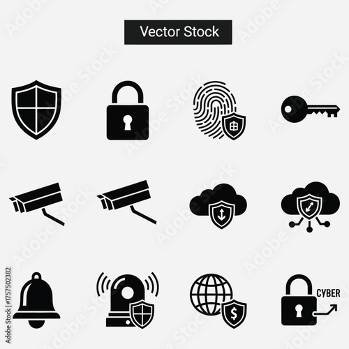 Collection of Security and Protection Icons Shield, Lock, Fingerprint, Key, and CCTV Camera with Cyber Protection