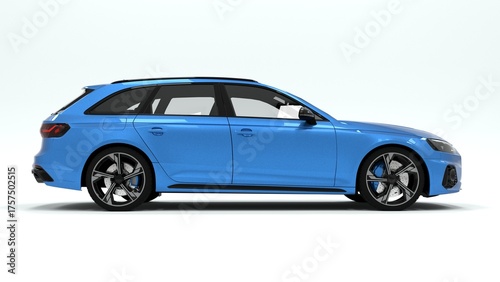 Blue sport car on white background side view 3d render