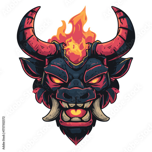 Dark and fierce mythical bull head with fiery horns and glowing red eyes. Aggressive fantasy ox monster mascot illustration.