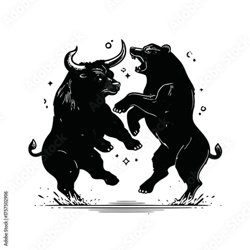 Dynamic bull and bear market illustration symbolizing financial struggle, economic trends, investor risk, and market competition