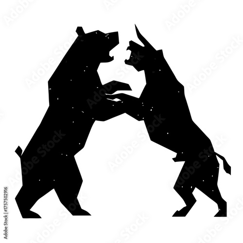 Dynamic bear and bull market struggle silhouette. Financial investment concept, stock exchange volatility and competition.
