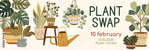 Botanical event banner design with house plants