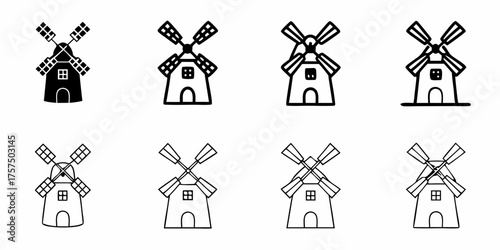 Iconic windmill collection, charming rustic symbols for sustainable energy, agriculture, and Dutch heritage, simple and clean design evokes nostalgia and tradition