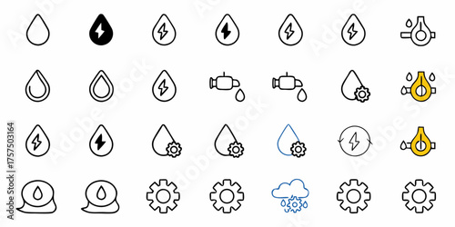 Explore a collection of modern water energy and engineering icons, perfect for illustrating sustainability, renewable energy, and resource management concepts for web and print designs
