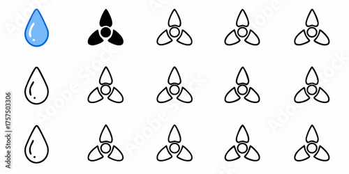 Iconic water droplet and propeller design elements for weather, technology, and energy concepts, ideal for web design and environmental projects