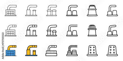 Industrial factory icons set, diverse styles and designs for web, app, and print, representing manufacturing, energy, and production, perfect for design assets