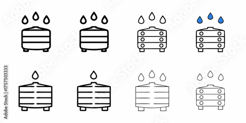 Water storage tanks illustrations with falling water drops, ideal for agriculture, irrigation, and sustainable resource management concepts, showcasing modern design