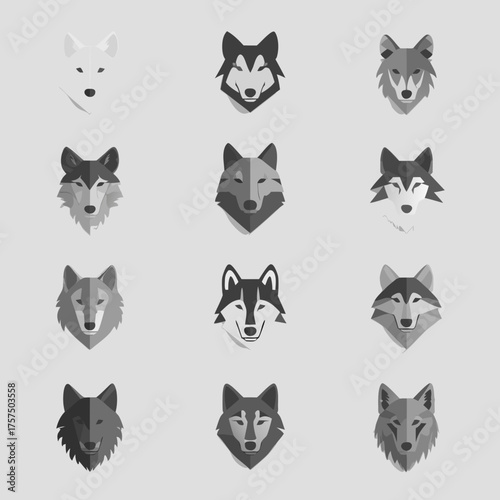 Illustrative collection of stylized wolf and canid heads, abstract animal face designs in grayscale tones, graphic elements for design.
