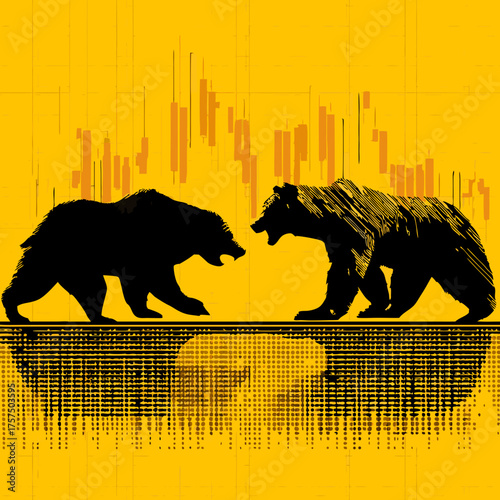 Bear Market Conflict: Two aggressive bear silhouettes against a stock market chart, symbolizing financial downturn, economic volatility, and investment risk.