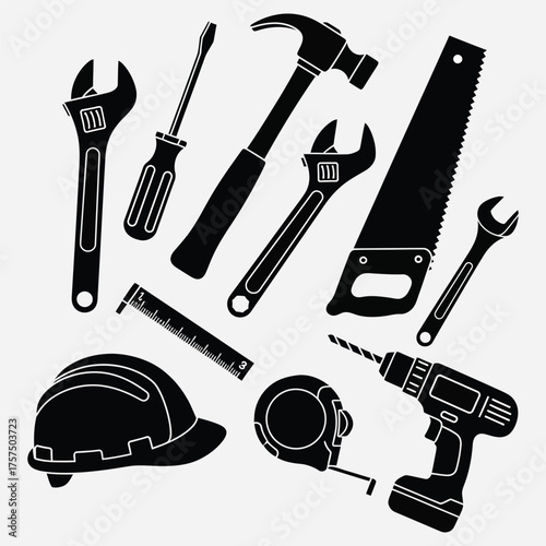 Diverse collection of essential construction and DIY hand tools, featuring various repair equipment for building projects, home maintenance, and professional trade work