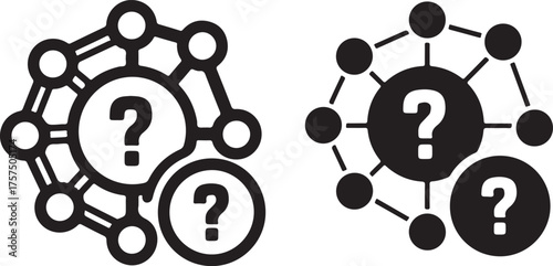 Illustration of a network of interconnected nodes with question marks, , representing data analysis, problemsolving, and the search for answers in complex systems outline icon on