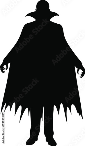 Black silhouette vampire with cape and high collar, Dracula horror figure, spooky Halloween monster shadow, gothic scary night vector illustration design