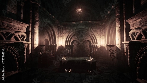 Canvas Print In a dimly lit, ancient chamber, flickering candles cast shadows on weathered stone walls adorned with intricate arches