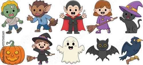 Cartoon Halloween characters including zombie, werewolf, vampire, witches, ghost, pumpkin, bat, black cat, raven, festive spooky children costume vector illustration