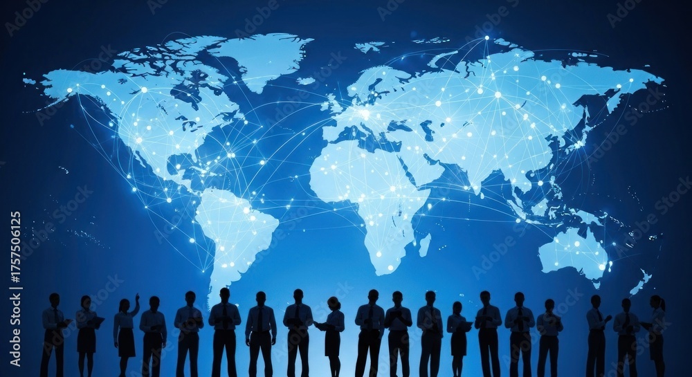 custom made wallpaper toronto digitalA group of people standing in front of a world map on a blue background.