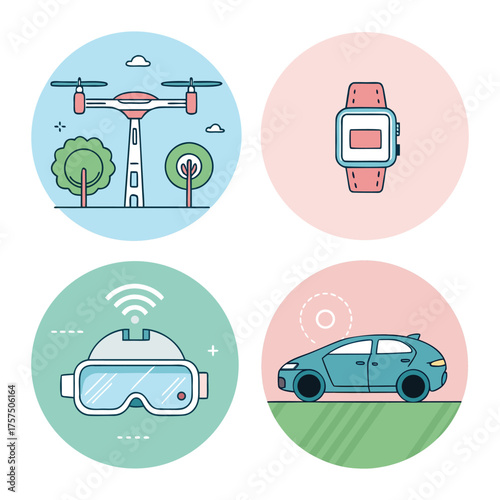 Four circular icons showcasing modern technology: a drone flying over trees, a smartwatch, VR headset with signal, and an autonomous car.
