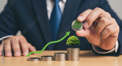 A businessman in a suit holding a coin with the word 'ECO' on it, with a tree growing from a stack of coins on a wooden table.