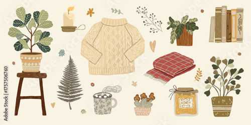 Hand drawn autumn illustration with home details
