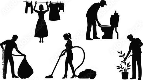 Household Chores Silhouette Set – Black Vector Illustrations of Domestic Tasks Including Cleaning, Laundry, Trash Disposal, Vacuuming, and Gardening