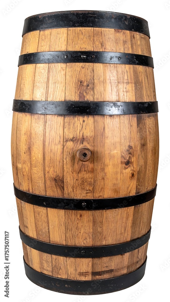 Obraz premium A tall, weathered wooden barrel with metal hoops, isolated on a white background. The barrel shows natural wood grain and slight imperfections