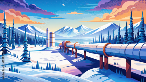 Very beautiful Alaskan oil pipeline covered in snow near Fairbanks, Alaska, USA, stretching across a frozen landscape with white hills and winter sky, symbolizing engineering amid the Arctic wildernes