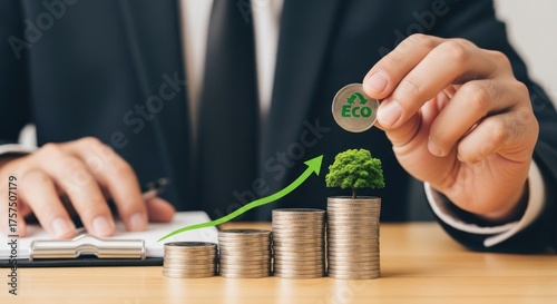 A businessman holding a coin with the word 'ECO' on it, with a tree and a green arrow growing from a stack of coins on a wooden table.
