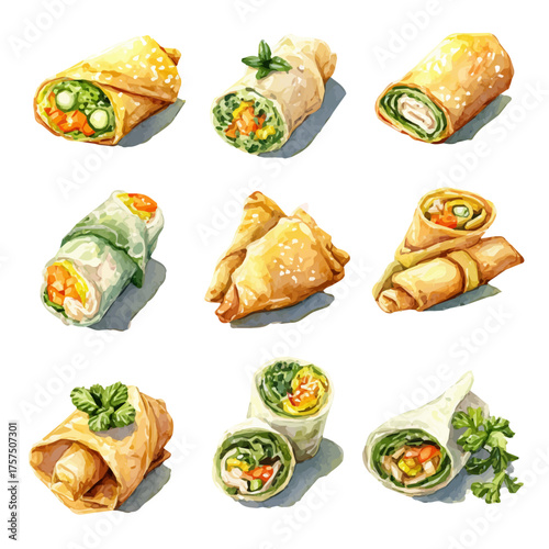 watercolor of Set Of Mini Vegetable Spring Rolls, vector, isolated on a white background.