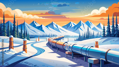 Very beautiful Alaskan oil pipeline covered in snow near Fairbanks, Alaska, USA, stretching across a frozen landscape with white hills and winter sky, symbolizing engineering amid the Arctic 