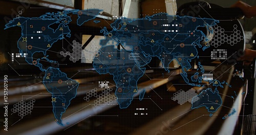 Projecting blue world map overlaying benches in conference hall with network grid and warning icons