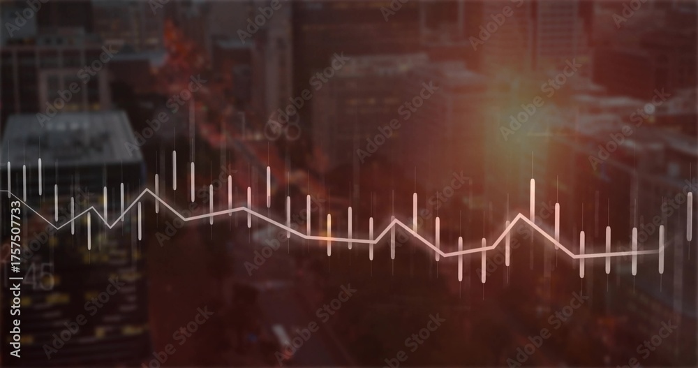 Obraz premium White candlestick line graph overlay floating over downtown at twilight, with bars and trend line