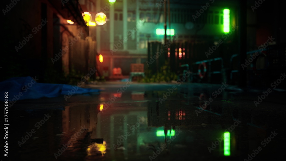 Fototapeta premium In a quiet urban alley, neon lights cast colorful reflections on the rain soaked pavement. Shadows dance along brick walls while a sense of mystery hangs in the air at night.