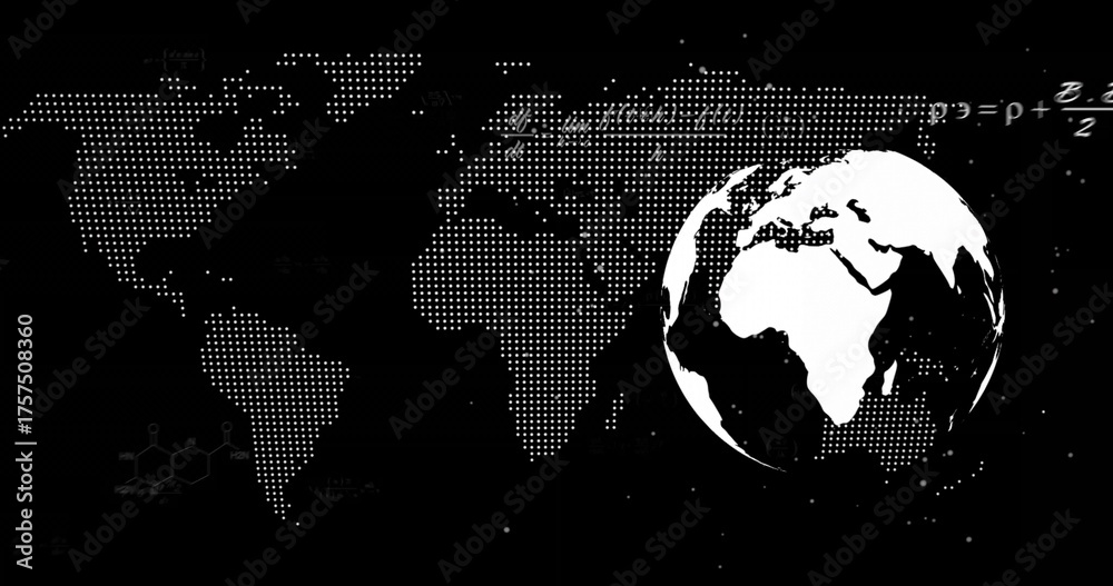 Obraz premium Displaying globe in digital graphic showing halftone map, formulas, molecular structure, copy space