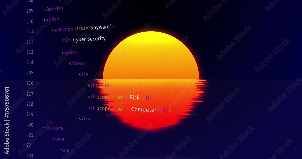 Fototapeta premium Stylized sun graphic displaying on digital interface, with reflective water and HTML code overlay