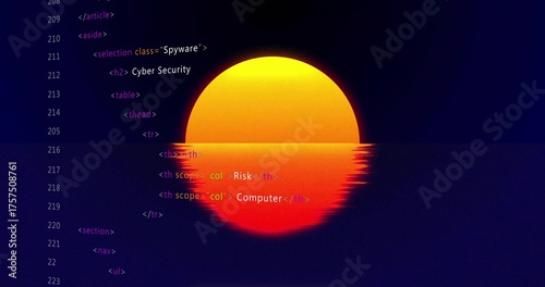 Stylized sun graphic displaying on digital interface, with reflective water and HTML code overlay