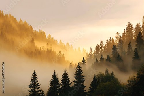 Golden sunrise over misty pine forest landscape in autumn with warm glowing light