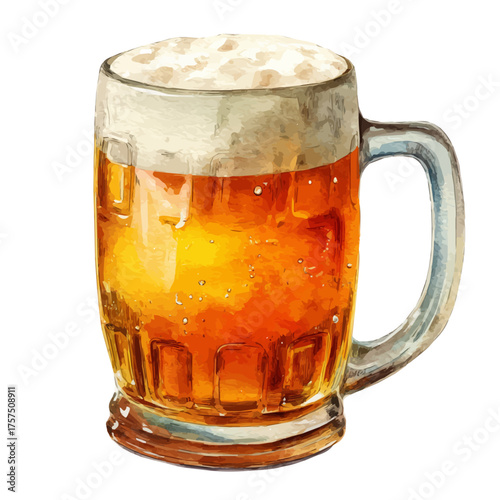 Lager Beer Mug With Foam, watercolor painting vector, isolated on a white background.