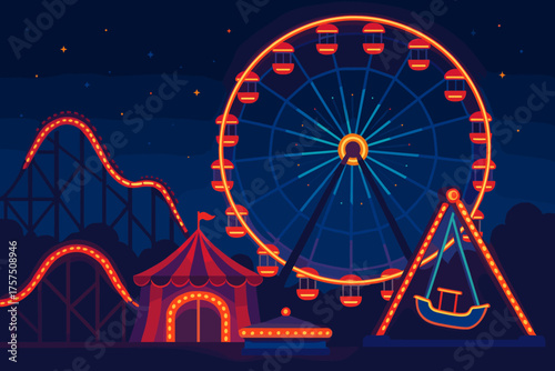 Colorful amusement park scene at night featuring a ferris wheel, roller coaster, and swing ride with bright lights