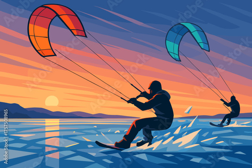 Kite surfers glide across the icy lake at sunset, enjoying a thrilling winter sport experience