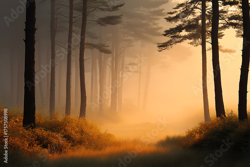Sunlight streaming through misty forest trees at sunrise creating a magical landscape